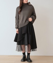 レーシー格子柄プリーツ ラッフル異素材切替スカート