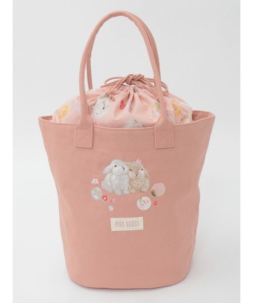 Flowerさま 持ち手付きバケツL たまごを抱いたうさぎさん クラシックローズ 幸見うさぎ刺繍バッグ（トートバッグ）｜PINK HOUSE（ピンクハウス）の
