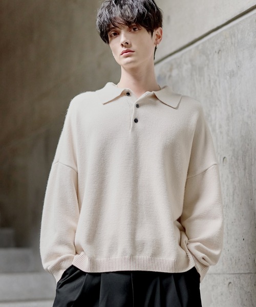 ETELIO(エテリオ)の「【マシンウォッシャブル】リラックスフィットシルキータッチもちもちポロニット(ニット/セーター・メンズ・アイボリー/ブラック/ワイン/ブルー/チャコール・S/M/L/XL)」の1枚目の写真