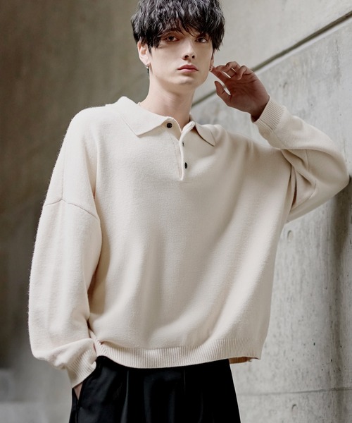 ETELIO(エテリオ)の「【マシンウォッシャブル】リラックスフィットシルキータッチもちもちポロニット(ニット/セーター・メンズ・アイボリー/ブラック/ワイン/ブルー/チャコール・S/M/L/XL)」の7枚目の写真
