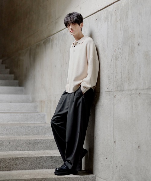 ETELIO(エテリオ)の「【マシンウォッシャブル】リラックスフィットシルキータッチもちもちポロニット(ニット/セーター・メンズ・アイボリー/ブラック/ワイン/ブルー/チャコール・S/M/L/XL)」の14枚目の写真