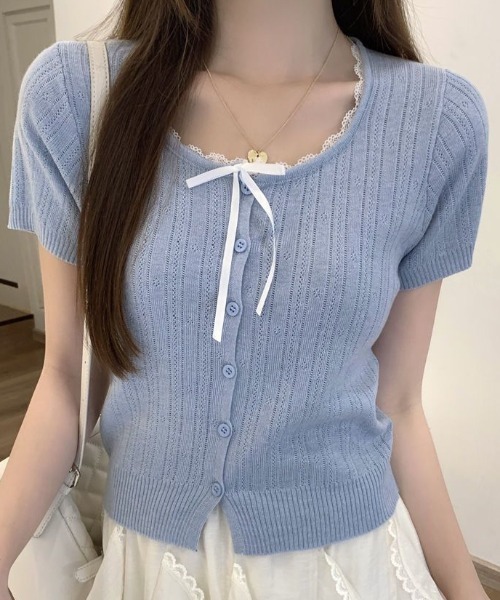 SHEPP(シープ)の「【26年春夏新作】リボンレーストリム透かし編み半袖ニットトップス(Tシャツ/カットソー・レディース・グレー/サックスブルー/ブラック/アイボリー・F)」の4枚目の写真