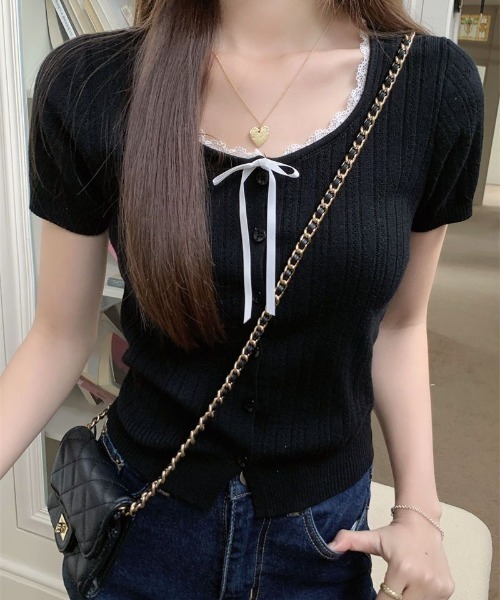 SHEPP(シープ)の「【26年春夏新作】リボンレーストリム透かし編み半袖ニットトップス(Tシャツ/カットソー・レディース・グレー/サックスブルー/ブラック/アイボリー・F)」の2枚目の写真