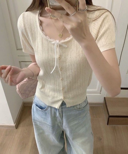 SHEPP(シープ)の「【26年春夏新作】リボンレーストリム透かし編み半袖ニットトップス(Tシャツ/カットソー・レディース・グレー/サックスブルー/ブラック/アイボリー・F)」の11枚目の写真