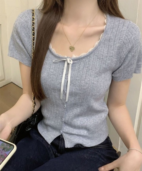 SHEPP(シープ)の「【26年春夏新作】リボンレーストリム透かし編み半袖ニットトップス(Tシャツ/カットソー・レディース・グレー/サックスブルー/ブラック/アイボリー・F)」の20枚目の写真