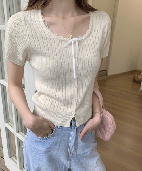 SHEPP(シープ)の「【26年春夏新作】リボンレーストリム透かし編み半袖ニットトップス(Tシャツ/カットソー・レディース・グレー/サックスブルー/ブラック/アイボリー・F)」の8枚目の写真