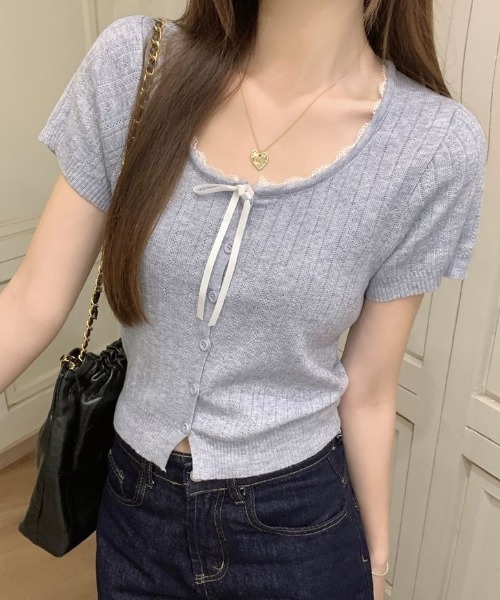 SHEPP(シープ)の「【26年春夏新作】リボンレーストリム透かし編み半袖ニットトップス(Tシャツ/カットソー・レディース・グレー/サックスブルー/ブラック/アイボリー・F)」の17枚目の写真