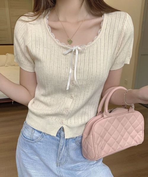 SHEPP(シープ)の「【26年春夏新作】リボンレーストリム透かし編み半袖ニットトップス(Tシャツ/カットソー・レディース・グレー/サックスブルー/ブラック/アイボリー・F)」の10枚目の写真