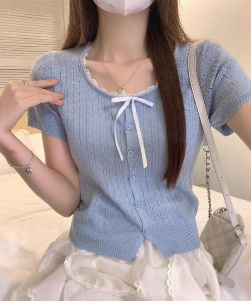 SHEPP(シープ)の「【26年春夏新作】リボンレーストリム透かし編み半袖ニットトップス(Tシャツ/カットソー・レディース・グレー/サックスブルー/ブラック/アイボリー・F)」の21枚目の写真