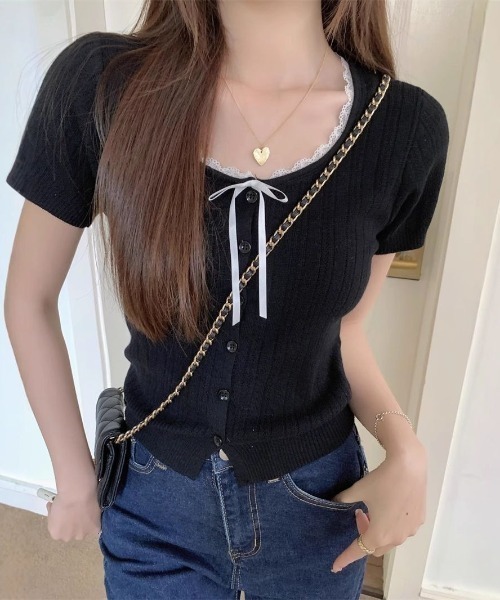 SHEPP(シープ)の「【26年春夏新作】リボンレーストリム透かし編み半袖ニットトップス(Tシャツ/カットソー・レディース・グレー/サックスブルー/ブラック/アイボリー・F)」の13枚目の写真