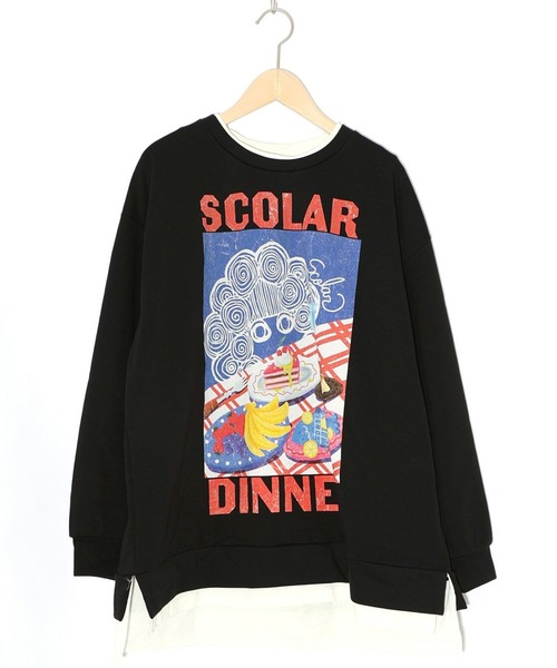 ScoLar(スカラー)の「ScoLar(スカラー) スカラーちゃんの夕食柄レイヤード風配色プルオーバー(スウェット・レディース・アイボリー/ブラック/グリーン・MEDIUM)」の10枚目の写真