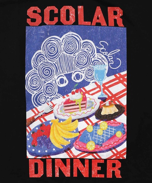 ScoLar(スカラー)の「ScoLar(スカラー) スカラーちゃんの夕食柄レイヤード風配色プルオーバー(スウェット・レディース・アイボリー/ブラック/グリーン・MEDIUM)」の11枚目の写真