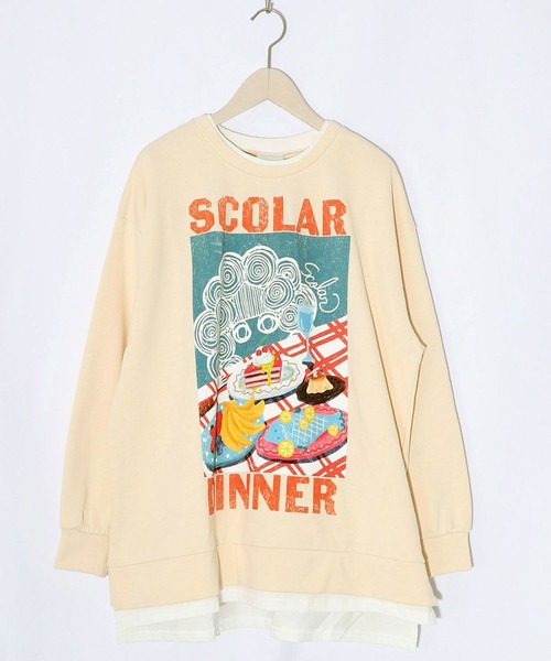 ScoLar(スカラー)の「ScoLar(スカラー) スカラーちゃんの夕食柄レイヤード風配色プルオーバー(スウェット・レディース・アイボリー/ブラック/グリーン・MEDIUM)」の12枚目の写真