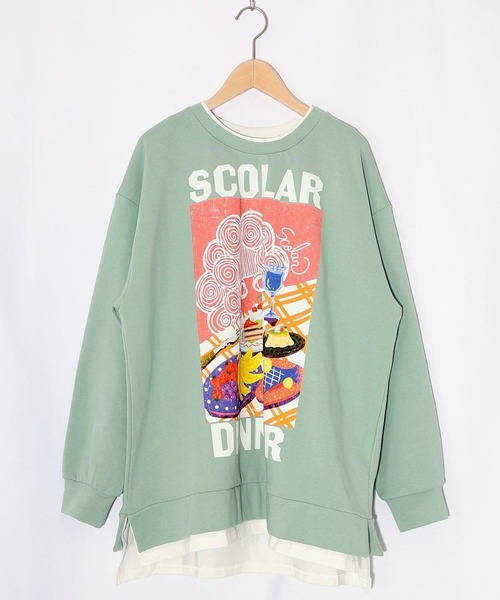 ScoLar(スカラー)の「ScoLar(スカラー) スカラーちゃんの夕食柄レイヤード風配色プルオーバー(スウェット・レディース・アイボリー/ブラック/グリーン・MEDIUM)」の19枚目の写真