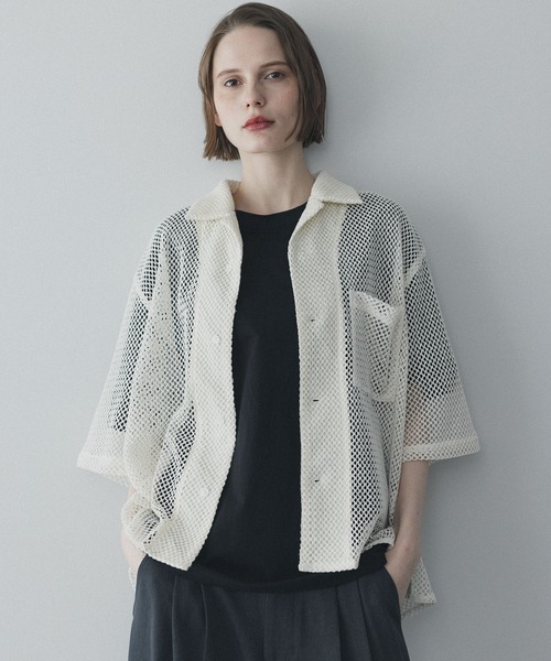 remer(リメール)の「ルーズオープンカラー透かし編みシャツ / loose open collar mesh shirt(シャツ/ブラウス・メンズ・ブラック/ホワイト/チャコールグレー/ネイビー・LARGE/X-SMALL/MEDIUM/SMALL)」の1枚目の写真