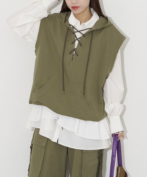 CIAOPANIC（チャオパニック）の「【UNESS/ユーネス】レースアップアノラックベスト（ベスト・レディース・カーキ/ベージュ・ONE SIZE）」の12枚目の写真