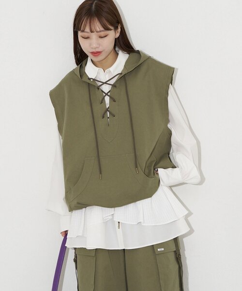 CIAOPANIC（チャオパニック）の「【UNESS/ユーネス】レースアップアノラックベスト（ベスト・レディース・カーキ/ベージュ・ONE SIZE）」の4枚目の写真
