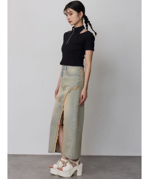 MURUA(ムルーア)の「【セットアップ対応】フリンジスリットデニムスカート 夏服(デニムスカート・レディース・ブラック/ブルー・2/1)」の12枚目の写真