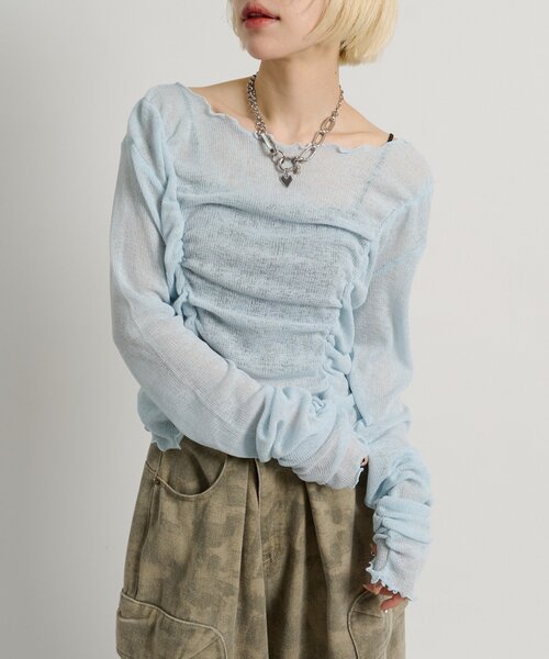 w closet（ダブルクローゼット）の「フロントギャザープルオーバー（Tシャツ/カットソー・レディース・オフホワイト/パープル/イエロー/サックスブルー/ピンク/チャコールグレー・FREE）」の4枚目の写真