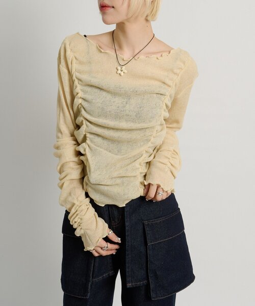 w closet（ダブルクローゼット）の「フロントギャザープルオーバー（Tシャツ/カットソー・レディース・オフホワイト/パープル/イエロー/サックスブルー/ピンク/チャコールグレー・FREE）」の5枚目の写真