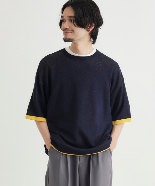 Right-on（ライトオン）の「【Refurbish】バイカラー袖ジャガードニットTシャツ (洗える / ドロップショルダー / 大人きれいめ)（ニット/セーター・メンズ・ブラック/オレンジ/ネイビー・M/L/XL/S）」の2枚目の写真