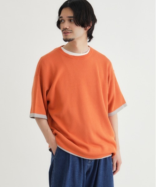 Right-on（ライトオン）の「【Refurbish】バイカラー袖ジャガードニットTシャツ (洗える / ドロップショルダー / 大人きれいめ)（ニット/セーター・メンズ・ブラック/オレンジ/ネイビー・M/L/XL/S）」の3枚目の写真
