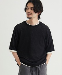 Right-on | 【Refurbish】バイカラー袖ジャガードニットTシャツ (洗える / ドロップショルダー / 大人きれいめ)(ニット/セーター)