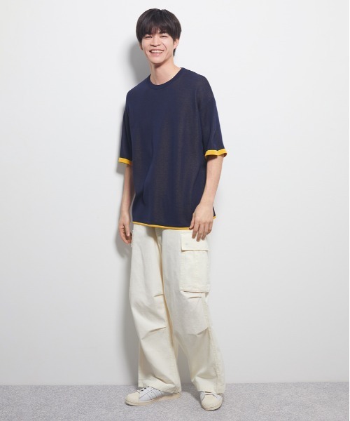 Right-on（ライトオン）の「【Refurbish】バイカラー袖ジャガードニットTシャツ (洗える / ドロップショルダー / 大人きれいめ)（ニット/セーター・メンズ・ブラック/オレンジ/ネイビー・M/L/XL/S）」の16枚目の写真