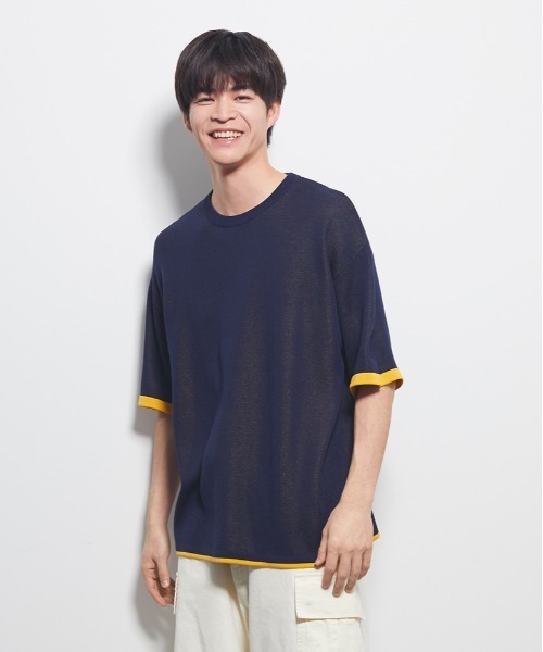 Right-on（ライトオン）の「【Refurbish】バイカラー袖ジャガードニットTシャツ (洗える / ドロップショルダー / 大人きれいめ)（ニット/セーター・メンズ・ブラック/オレンジ/ネイビー・M/L/XL/S）」の7枚目の写真