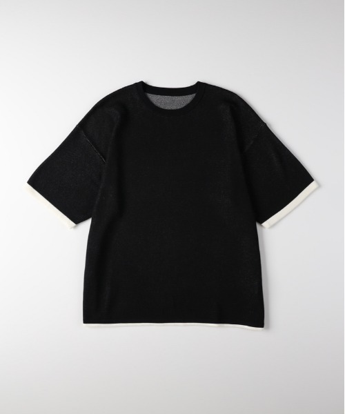 Right-on（ライトオン）の「【Refurbish】バイカラー袖ジャガードニットTシャツ (洗える / ドロップショルダー / 大人きれいめ)（ニット/セーター・メンズ・ブラック/オレンジ/ネイビー・M/L/XL/S）」の14枚目の写真