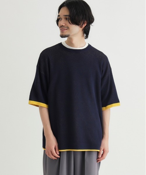 Right-on（ライトオン）の「【Refurbish】バイカラー袖ジャガードニットTシャツ (洗える / ドロップショルダー / 大人きれいめ)（ニット/セーター・メンズ・ブラック/オレンジ/ネイビー・M/L/XL/S）」の4枚目の写真