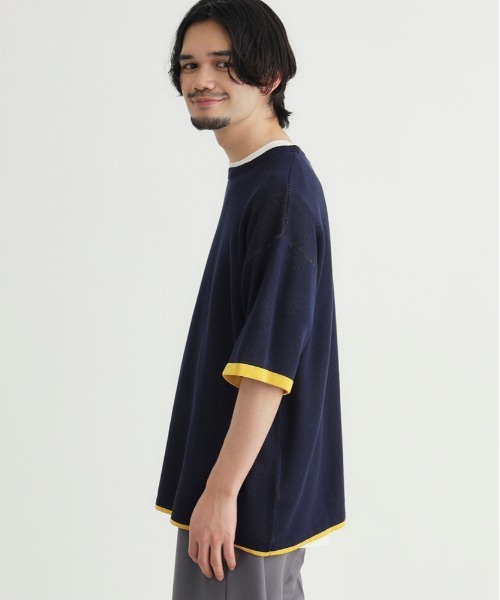 Right-on（ライトオン）の「【Refurbish】バイカラー袖ジャガードニットTシャツ (洗える / ドロップショルダー / 大人きれいめ)（ニット/セーター・メンズ・ブラック/オレンジ/ネイビー・M/L/XL/S）」の5枚目の写真