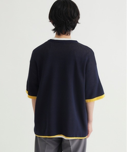 Right-on（ライトオン）の「【Refurbish】バイカラー袖ジャガードニットTシャツ (洗える / ドロップショルダー / 大人きれいめ)（ニット/セーター・メンズ・ブラック/オレンジ/ネイビー・M/L/XL/S）」の6枚目の写真