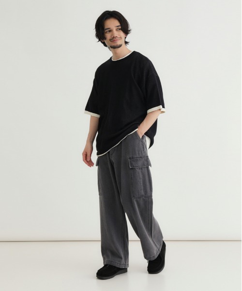 Right-on（ライトオン）の「【Refurbish】バイカラー袖ジャガードニットTシャツ (洗える / ドロップショルダー / 大人きれいめ)（ニット/セーター・メンズ・ブラック/オレンジ/ネイビー・M/L/XL/S）」の10枚目の写真