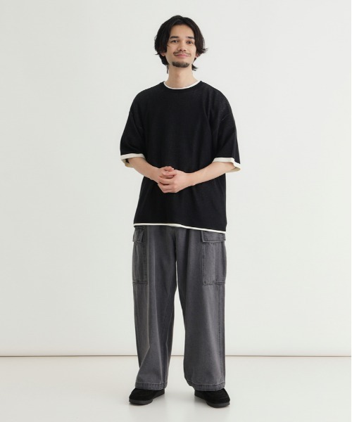 Right-on（ライトオン）の「【Refurbish】バイカラー袖ジャガードニットTシャツ (洗える / ドロップショルダー / 大人きれいめ)（ニット/セーター・メンズ・ブラック/オレンジ/ネイビー・M/L/XL/S）」の11枚目の写真