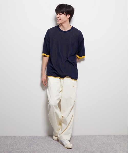 Right-on（ライトオン）の「【Refurbish】バイカラー袖ジャガードニットTシャツ (洗える / ドロップショルダー / 大人きれいめ)（ニット/セーター・メンズ・ブラック/オレンジ/ネイビー・M/L/XL/S）」の8枚目の写真