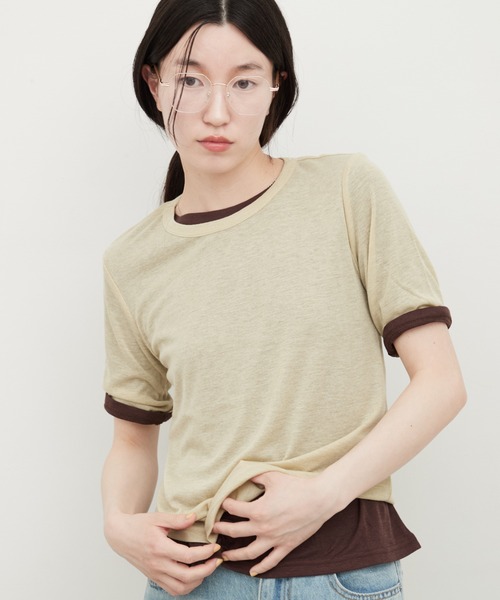 OFROOM(オフルーム)の「Sheer Layered Half Sleeve Tee|シアーレイヤードハーフスリーブTee(Tシャツ/カットソー・レディース・グレー系1/イエロー系/ネイビー系・FREE)」の1枚目の写真