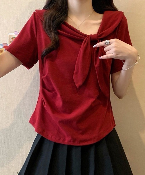 mielu(ミエル)の「リボン付き半袖Tシャツ(Tシャツ/カットソー・レディース・ブラック/イエロー/レッド/ホワイト・FREE)」の4枚目の写真