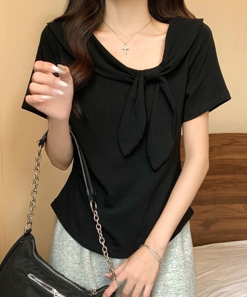 mielu(ミエル)の「リボン付き半袖Tシャツ(Tシャツ/カットソー・レディース・ブラック/イエロー/レッド/ホワイト・FREE)」の1枚目の写真