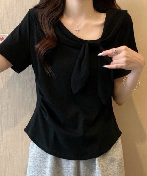 mielu(ミエル)の「リボン付き半袖Tシャツ(Tシャツ/カットソー・レディース・ブラック/イエロー/レッド/ホワイト・FREE)」の5枚目の写真