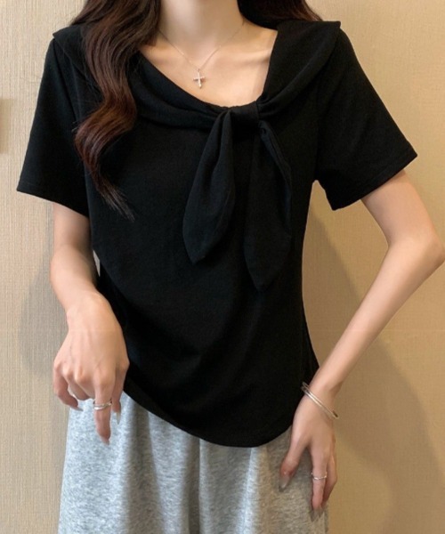mielu(ミエル)の「リボン付き半袖Tシャツ(Tシャツ/カットソー・レディース・ブラック/イエロー/レッド/ホワイト・FREE)」の6枚目の写真