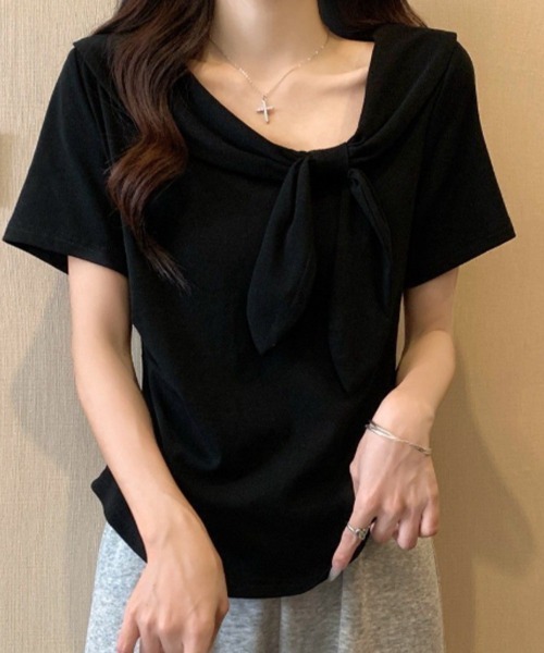 mielu(ミエル)の「リボン付き半袖Tシャツ(Tシャツ/カットソー・レディース・ブラック/イエロー/レッド/ホワイト・FREE)」の7枚目の写真