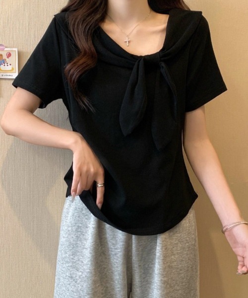 mielu(ミエル)の「リボン付き半袖Tシャツ(Tシャツ/カットソー・レディース・ブラック/イエロー/レッド/ホワイト・FREE)」の8枚目の写真