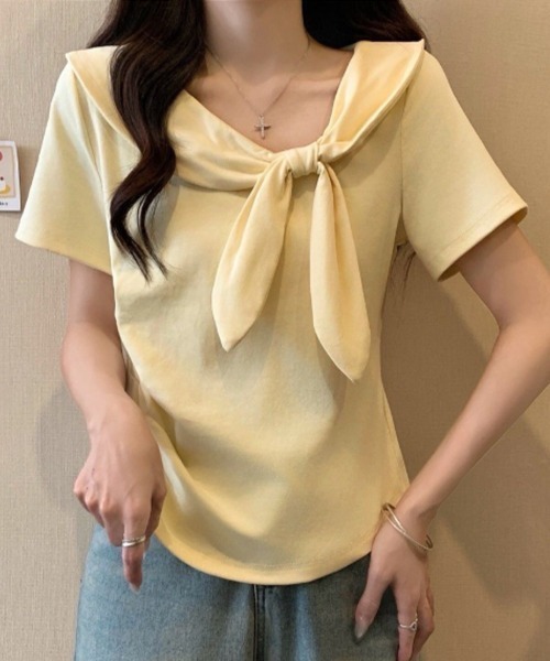mielu(ミエル)の「リボン付き半袖Tシャツ(Tシャツ/カットソー・レディース・ブラック/イエロー/レッド/ホワイト・FREE)」の14枚目の写真