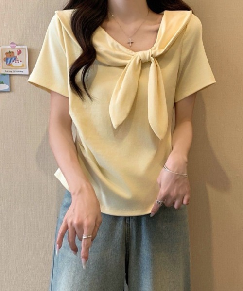 mielu(ミエル)の「リボン付き半袖Tシャツ(Tシャツ/カットソー・レディース・ブラック/イエロー/レッド/ホワイト・FREE)」の15枚目の写真