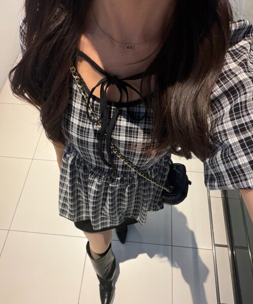 continuer de NICE CLAUP（コンティニューデナイスクラップ）の「【yuzu企画】推し活にも♡バルーンチュニック（シャツ/ブラウス・レディース・オフホワイト/チェック/ドット/ピンク・FREE）」の4枚目の写真