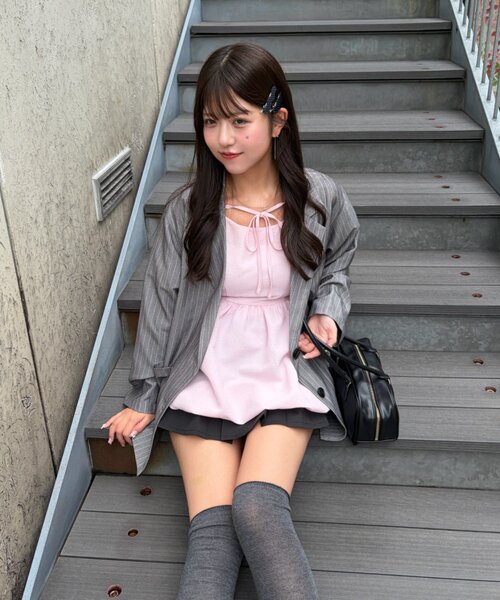 continuer de NICE CLAUP（コンティニューデナイスクラップ）の「【yuzu企画】推し活にも♡バルーンチュニック（シャツ/ブラウス・レディース・オフホワイト/チェック/ドット/ピンク・FREE）」の3枚目の写真