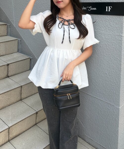 continuer de NICE CLAUP（コンティニューデナイスクラップ）の「【yuzu企画】推し活にも♡バルーンチュニック（シャツ/ブラウス・レディース・オフホワイト/チェック/ドット/ピンク・FREE）」の5枚目の写真