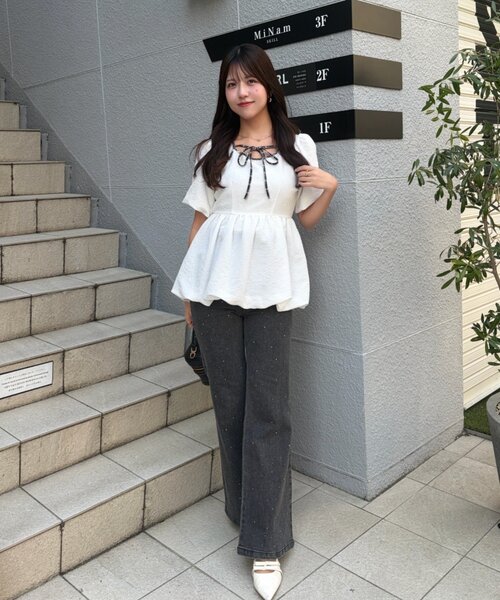 continuer de NICE CLAUP（コンティニューデナイスクラップ）の「【yuzu企画】推し活にも♡バルーンチュニック（シャツ/ブラウス・レディース・オフホワイト/チェック/ドット/ピンク・FREE）」の7枚目の写真