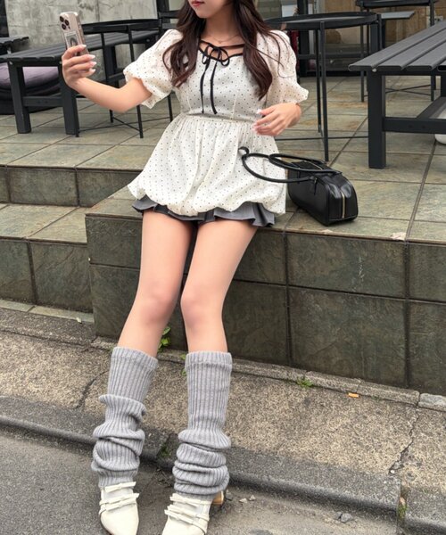 continuer de NICE CLAUP（コンティニューデナイスクラップ）の「【yuzu企画】推し活にも♡バルーンチュニック（シャツ/ブラウス・レディース・オフホワイト/チェック/ドット/ピンク・FREE）」の11枚目の写真